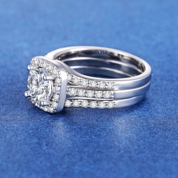 18K White Gold & White Diamond Cubic Zirconia Engagement Wedding Band Set 3 Pcs - Picture 4 of 11